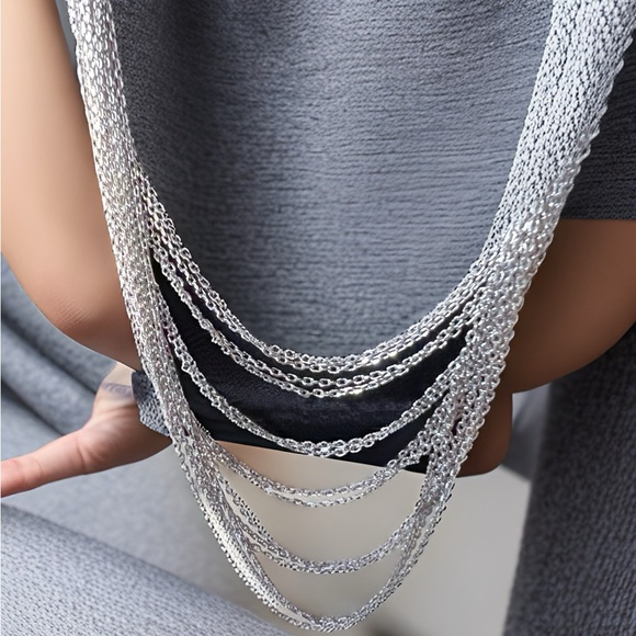 Silver Multi-Strand Layered Cable Chain Opera Necklace - Picture 2 of 6
